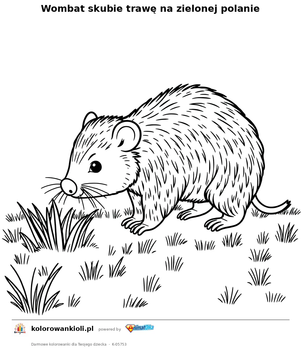 Wombat skubie trawę na zielonej polanie — kolorowanka do wydruku dla dzieci
