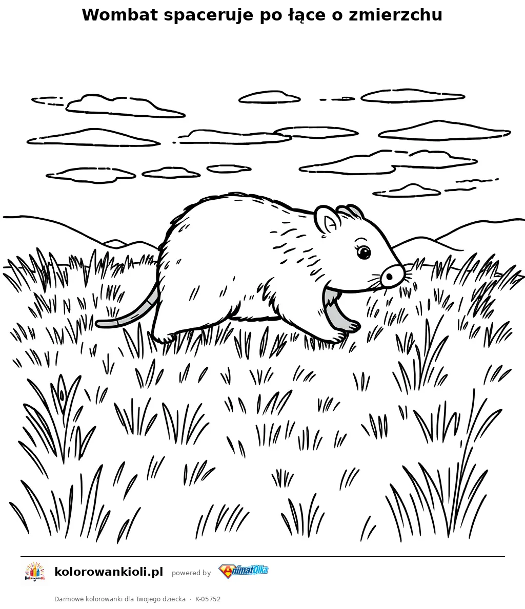 Wombat spaceruje po łące o zmierzchu — kolorowanka do wydruku dla dzieci