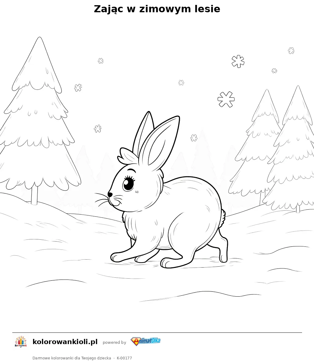 Zając w zimowym lesie — kolorowanka do wydruku dla dzieci