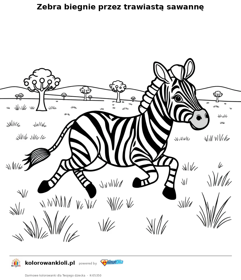 Zebra biegnie przez trawiastą sawannę — kolorowanka do wydruku dla dzieci