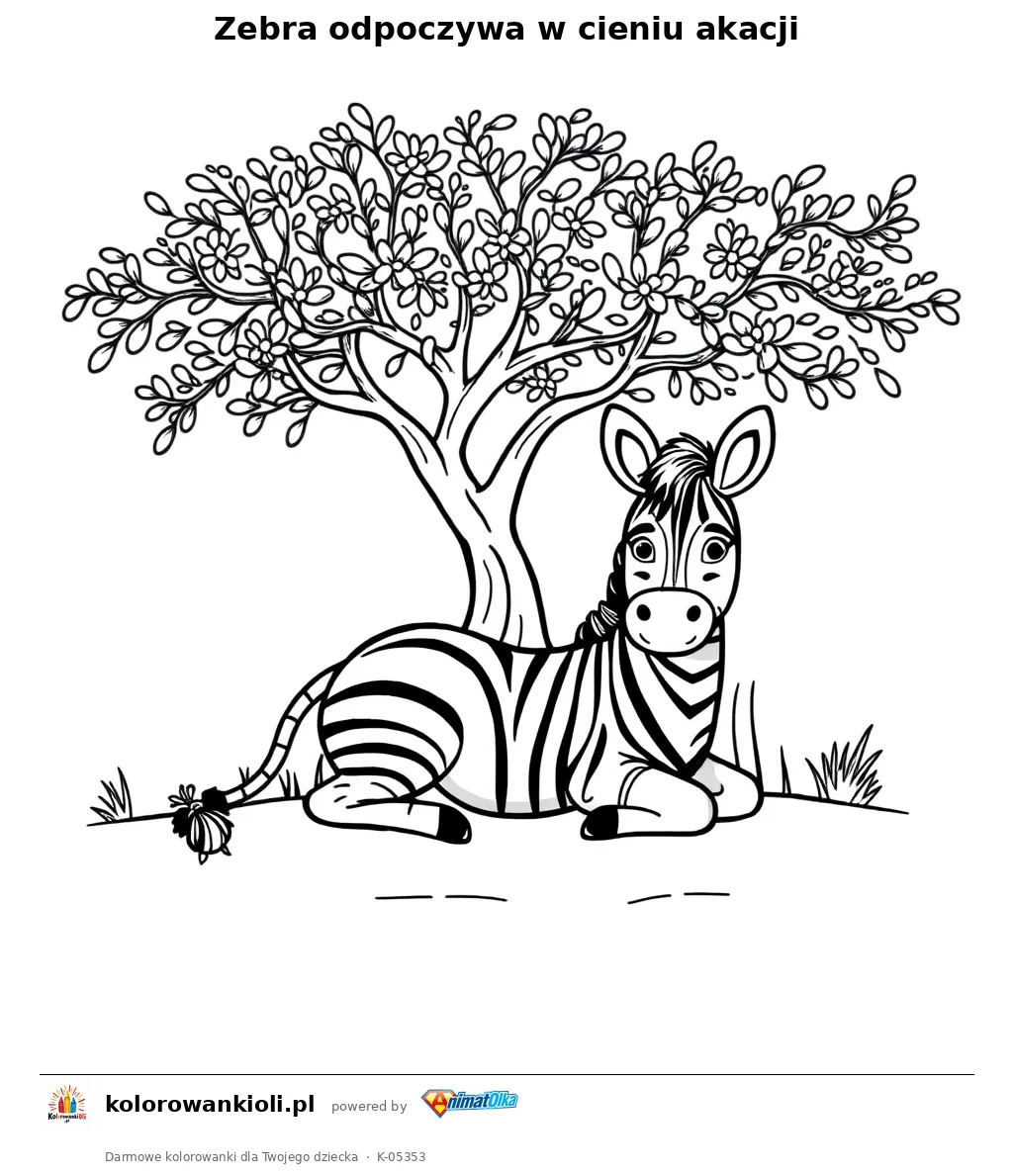 Zebra odpoczywa w cieniu akacji — kolorowanka do wydruku dla dzieci