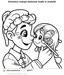 Animator maluje dzieciom buźki w motylki — kolorowanka do wydruku dla dzieci