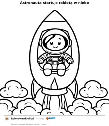 Astronauta startuje rakietą w niebo — kolorowanka do wydruku dla dzieci