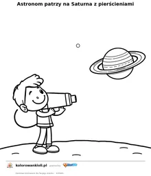Astronom patrzy na Saturna z pierścieniami — kolorowanka do wydruku dla dzieci