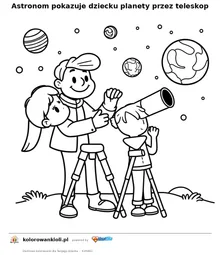 Astronom pokazuje dziecku planety przez teleskop — kolorowanka do wydruku dla dzieci