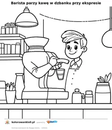 Barista parzy kawe w dzbanku przy ekspresie — kolorowanka do wydruku dla dzieci
