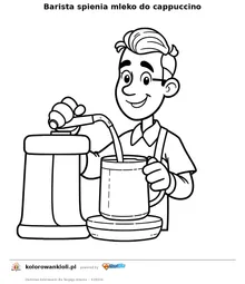 Barista spienia mleko do cappuccino — kolorowanka do wydruku dla dzieci