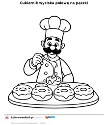 Cukiernik wyciska polewe na paczki — kolorowanka do wydruku dla dzieci