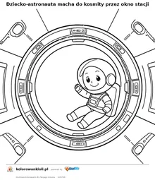Dziecko-astronauta macha do kosmity przez okno stacji — kolorowanka do wydruku dla dzieci