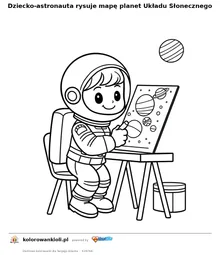 Dziecko-astronauta rysuje mape planet Ukladu Slonecznego — kolorowanka do wydruku dla dzieci