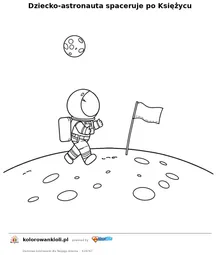 Dziecko-astronauta spaceruje po Ksiezycu — kolorowanka do wydruku dla dzieci