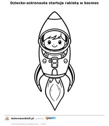 Dziecko-astronauta startuje rakieta w kosmos — kolorowanka do wydruku dla dzieci