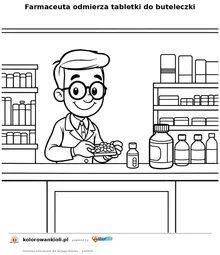 Farmaceuta odmierza tabletki do buteleczki — kolorowanka do wydruku dla dzieci