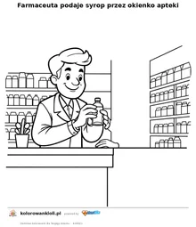 Farmaceuta podaje syrop przez okienko apteki — kolorowanka do wydruku dla dzieci