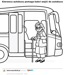 Kierowca autobusu pomaga babci wejść do autobusu — kolorowanka do wydruku dla dzieci