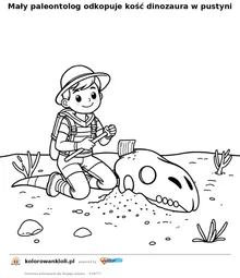 Maly paleontolog odkopuje kosc dinozaura w pustyni — kolorowanka do wydruku dla dzieci