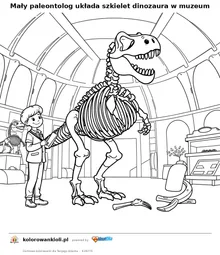 Maly paleontolog uklada szkielet dinozaura w muzeum — kolorowanka do wydruku dla dzieci