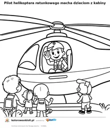 Pilot helikoptera ratunkowego macha dzieciom z kabiny — kolorowanka do wydruku dla dzieci