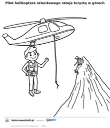 Pilot helikoptera ratunkowego ratuje turystę w górach — kolorowanka do wydruku dla dzieci