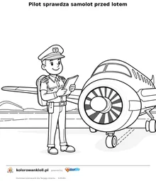 Pilot sprawdza samolot przed lotem — kolorowanka do wydruku dla dzieci