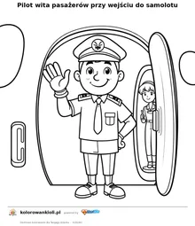 Pilot wita pasazerow przy wejsciu do samolotu — kolorowanka do wydruku dla dzieci