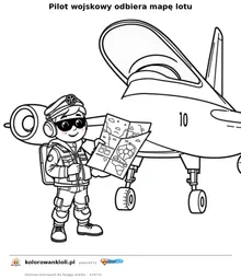 Pilot wojskowy odbiera mapę lotu — kolorowanka do wydruku dla dzieci