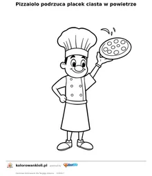 Pizzaiolo podrzuca placek ciasta w powietrze — kolorowanka do wydruku dla dzieci