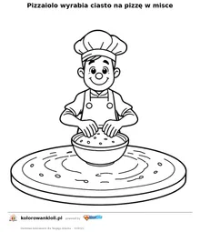 Pizzaiolo wyrabia ciasto na pizzę w misce — kolorowanka do wydruku dla dzieci