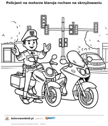 Policjant na motorze kieruje ruchem na skrzyżowaniu — kolorowanka do wydruku dla dzieci