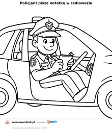Policjant pisze notatkę w radiowozie — kolorowanka do wydruku dla dzieci