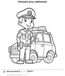 Policjant przy radiowozie — kolorowanka do wydruku dla dzieci