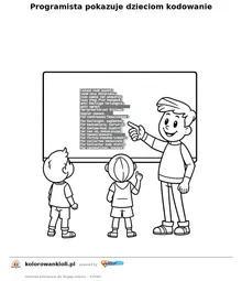 Programista pokazuje dzieciom kodowanie — kolorowanka do wydruku dla dzieci