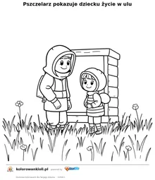 Pszczelarz pokazuje dziecku życie w ulu — kolorowanka do wydruku dla dzieci