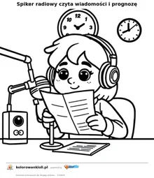 Spiker radiowy czyta wiadomości i prognozę — kolorowanka do wydruku dla dzieci