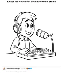 Spiker radiowy mówi do mikrofonu w studiu — kolorowanka do wydruku dla dzieci