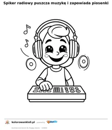 Spiker radiowy puszcza muzykę i zapowiada piosenki — kolorowanka do wydruku dla dzieci