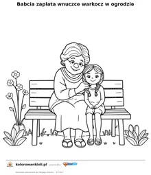 Babcia zaplata wnuczce warkocz w ogrodzie — kolorowanka do wydruku dla dzieci