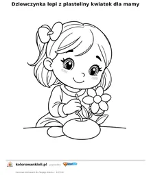 Dziewczynka lepi z plasteliny kwiatek dla mamy — kolorowanka do wydruku dla dzieci