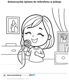 Dziewczynka śpiewa do mikrofonu w pokoju — kolorowanka do wydruku dla dzieci