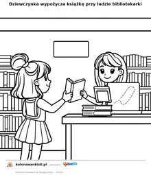 Dziewczynka wypożycza książkę przy ladzie bibliotekarki — kolorowanka do wydruku dla dzieci