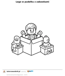 Lego w pudełku z zabawkami — kolorowanka do wydruku dla dzieci