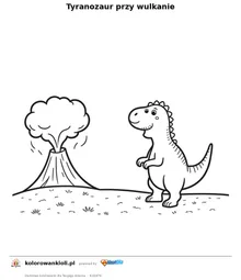 Tyranozaur przy wulkanie — kolorowanka do wydruku dla dzieci