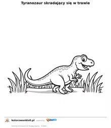 Tyranozaur skradający się w trawie — kolorowanka do wydruku dla dzieci