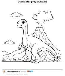 Utahraptor przy wulkanie — kolorowanka do wydruku dla dzieci