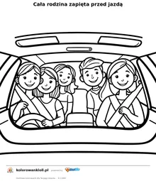 Cała rodzina zapięta przed jazdą — kolorowanka do wydruku dla dzieci