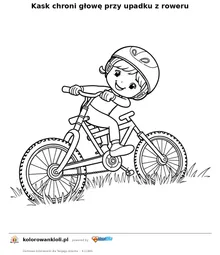Kask chroni głowę przy upadku z roweru — kolorowanka do wydruku dla dzieci