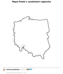 Mapa Polski z symbolami regionów — kolorowanka do wydruku dla dzieci