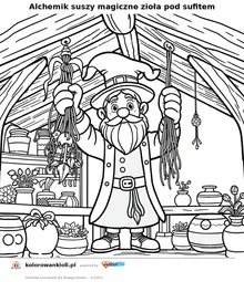 Alchemik suszy magiczne zioła pod sufitem — kolorowanka do wydruku dla dzieci