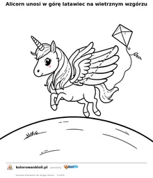 Alicorn unosi w gore latawiec na wietrznym wzgorzu — kolorowanka do wydruku dla dzieci