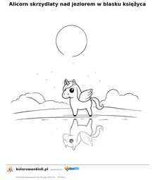Alicorn skrzydlaty nad jeziorem w blasku księżyca — kolorowanka do wydruku dla dzieci